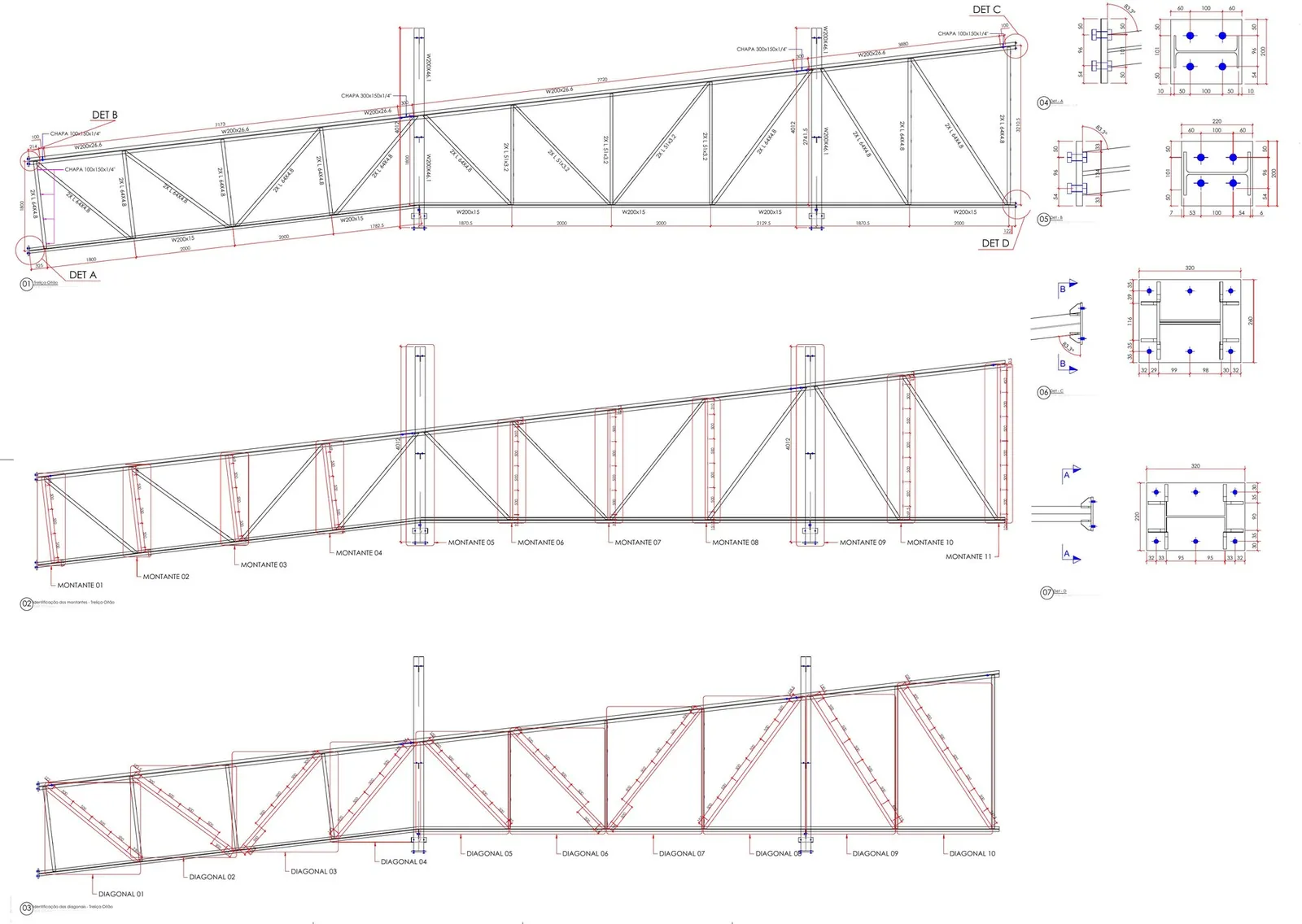Desenho de fabricação de tesoura com montantes e diagonais