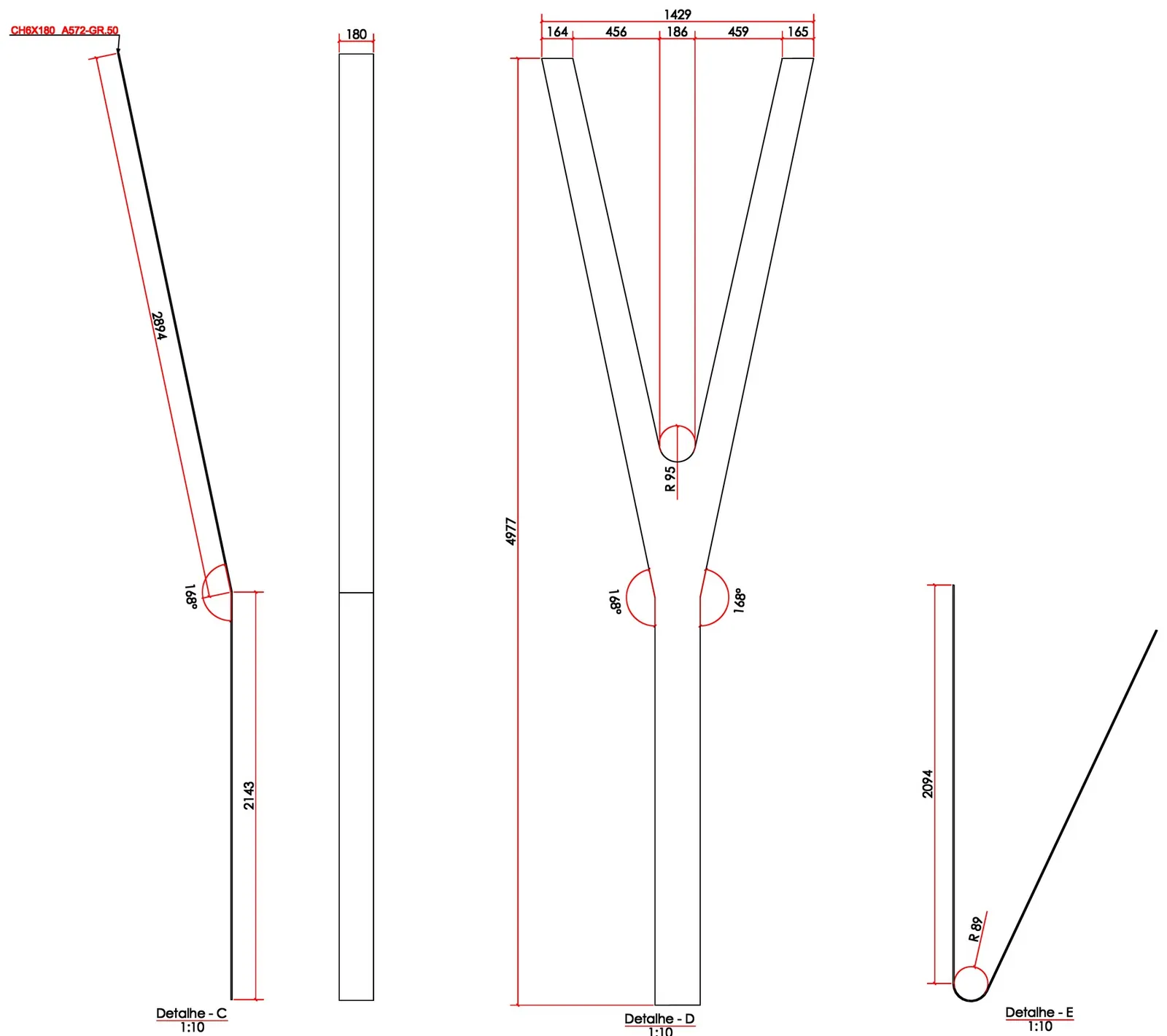 Desenho de fabricação do pilar em Y com ângulos e raios de dobra