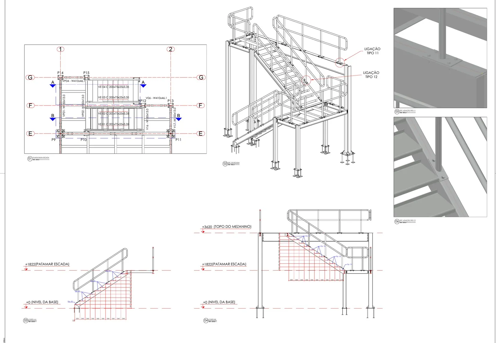 Planta, 3D e cortes da escada e do patamar
