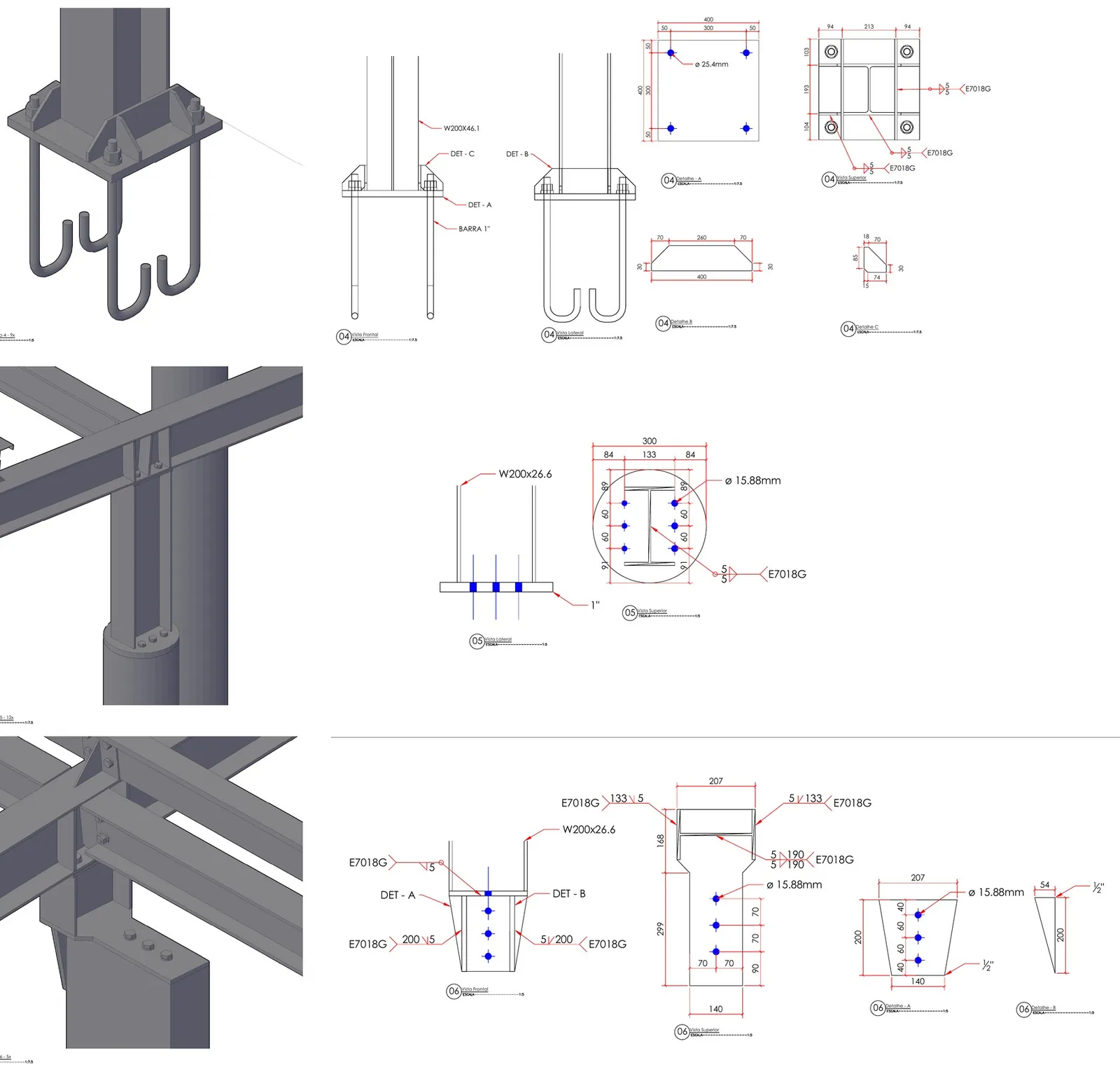 Detalhes de ligações e bases dos pilares em 3D e 2D